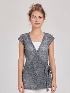 Promod Gray Metallic Knit Crochet Lace Wrap Cap Sleeve Cardigan